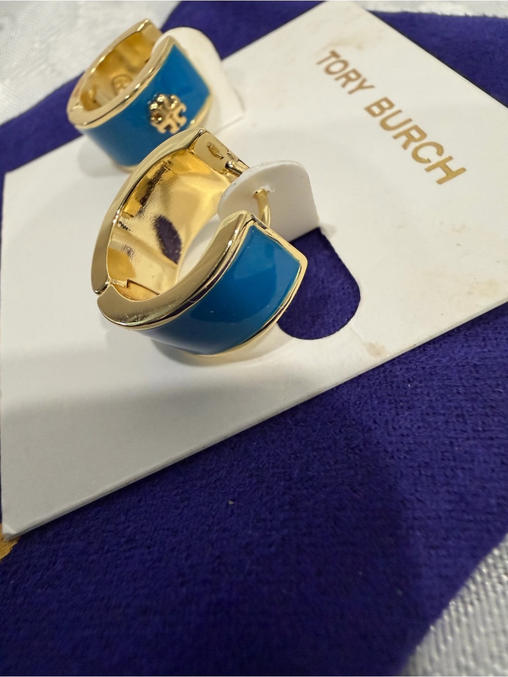 Tory Burch Gold-Tone and Teal Enamel Hoop Huggie Earrings New - Picture 4 of 6